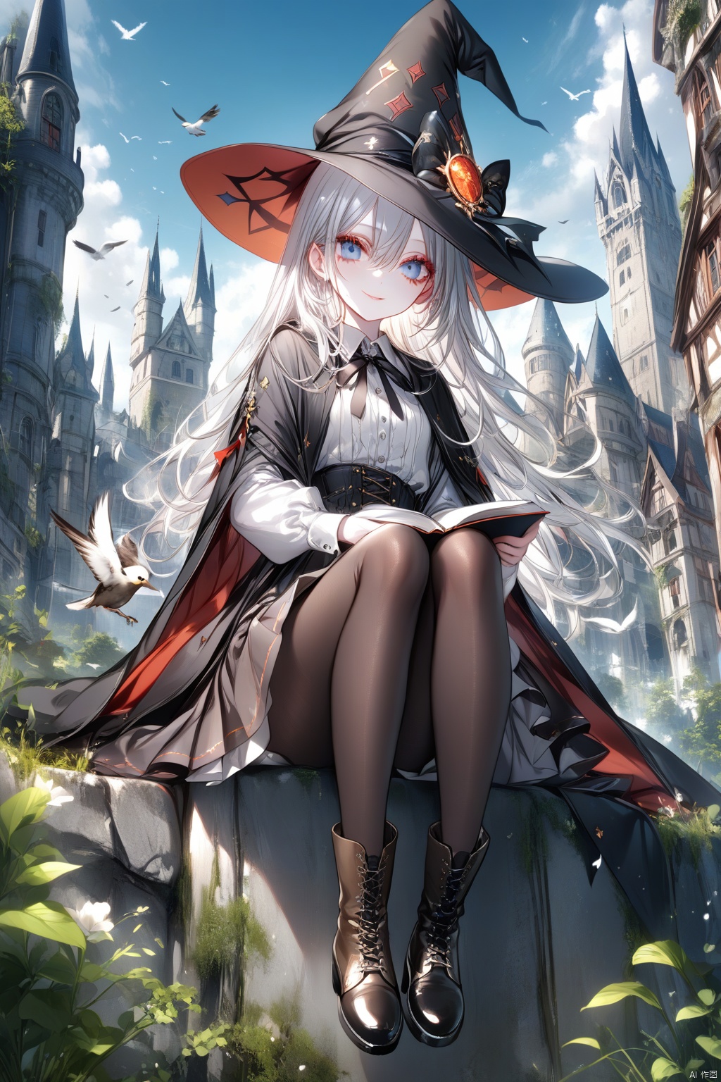  (masterpiece), (best quality), illustration, ultra detailed, hdr, Depth of field, (colorful),[pottsness],[iumu],[Sheya], Artist jszhdzcyz, 1girl, hat, elaina_(majo_no_tabitabi), solo, witch_hat, blue_eyes, long_hair, sitting, outdoors, smile, shirt, skirt, black_headwear, white_hair, book, looking_at_viewer, holding, white_shirt, hair_between_eyes, pantyhose, long_sleeves, collared_shirt, sky, boots, neck_ribbon, ribbon, closed_mouth, witch, tower, cover_image, robe, day, bird, black_footwear, brown_footwear, full_body, holding_book