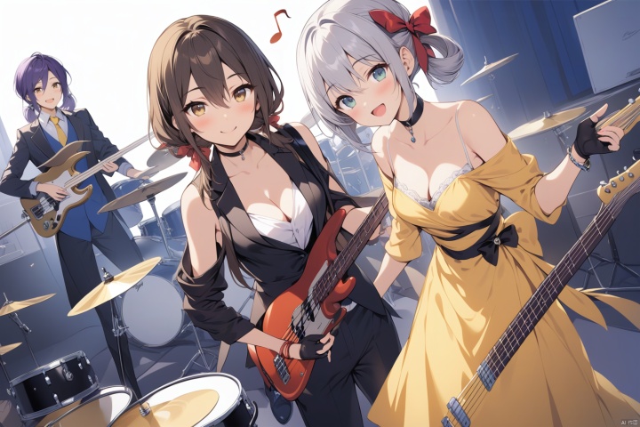  (masterpiece), (best quality), illustration, ultra detailed, hdr, Depth of field, (colorful),instrument, multiple girls, drum, yellow dress, drum set, gloves, high heels, black pants, long hair, yellow footwear, pants, dress, smile, jacket, multicolored hair, brown hair, red eyes, shirt, fingerless gloves, red footwear, thighhighs, black gloves, standing, holding, white footwear, black hair, vest, blue eyes, green eyes, drumsticks, bare shoulders, shoes, white shirt, breasts, musical note, hair rings, two-tone hair, holding instrument, :d, hair between eyes, 3girls, open jacket, bangs, white background, open mouth, open clothes, very long hair, yellow jacket, bow, black vest, ribbon, jewelry, purple hair, 2boys, closed mouth, collared shirt, keyboard (instrument), off shoulder, twintails, short hair, medium breasts, short sleeves, white hair, off-shoulder dress, playing instrument, long sleeves, looking at viewer, hair ornament, grey hair, bracelet, detached sleeves, cleavage, white gloves, hair ribbon, multiple boys, collarbone, see-through, brown eyes, music, yellow eyes, bass guitar, blush, choker, low twintails, necktie, yellow skirt, red bow, Illustration