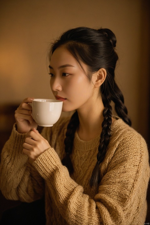  This photo shows a chinese woman wearing a warm and textured sweater,holding a steaming cup in her hand. She sat in the dimly lit room,with soft golden lights illuminating her side. The lady is braiding her hair,seemingly fully focused on this moment,perhaps savoring the aroma of the drink. The background has a rural feel,with a plant in the vase and textured walls.,,,
