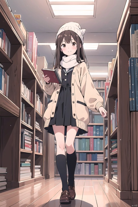  (1girl,loli,evil smile,blush),thin,very long hair,brown hair,light brown eyes,(detailed eyes),small breasts,(coffee_knitted cardigan jacket),black high neck bottom shirt,white _sailor suit,skirt,((Black stockings)),head_dress,scarf,beanie,closed mouth,(serious),standing,((holding a book)),winter,(library),snow,,indoor, masterpiece, best quality, official art, extremely detailed CG unity 8k wallpaper, cozy anime, backlight, (wide shot:0.95), Dynamic angle, fanxing, (full body), cozy anime,