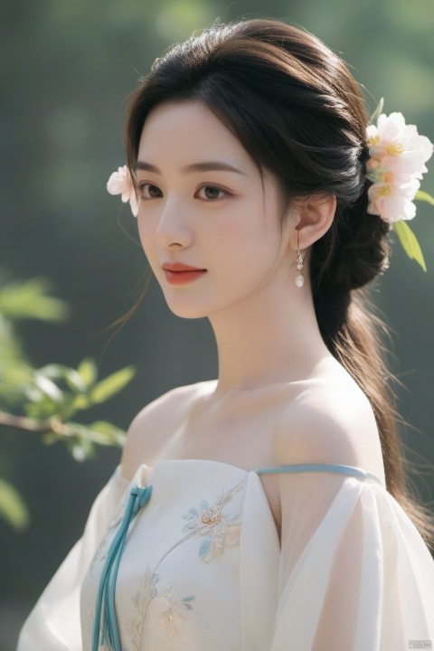  best quality, masterpiece,cowboy_shot,(Good structure),,a girl,xianjing,Off-the-shoulder, bust photo,upper body,Hanfu, Cloud, Smoke,branch,flower, smile,Gaze at the audience, Ink scattering_Chinese style, ((poakl)), ,looking_at_viewer,kind smile, , chinese dress,white dress, liuyifei,long_hair, Anne Hathaway