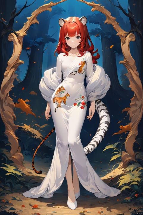  oil painting style, best quality, detailed face, full figure, a half-hybrid girl with a tiger, she has ears like a tiger and a tail like a tiger , the rest of her body is human, she has beautiful red hair, a beautiful symmetrical face with an innocent cut, she is in the forest, she has beautiful black eyes, wearing a floral print white saree dress, she is with other animals symmetrical, vibrant, style artwork, highly detailed CG, 8k wallpaper, beautiful face, full scene, full body shape, Illustration
