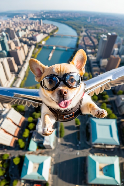  Host dog, gliding in the air, goggles, gliding wings, looking at the camera, top-down angle, city background, ultra wide angle