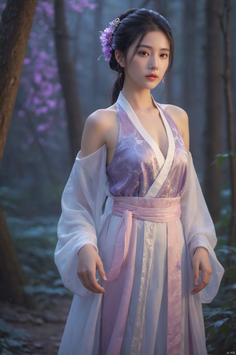  HDR photo of 1girl,chinese hanfu,bare_shoulders,breasts,bioluminescent purple flower,fabulous night forest,magical radiance,Concept art,depth of field,Raw photo,realistic,cinematic lighting,soft shadows,sharp focus,fractal,colorful,depth of field,best quality,16k resolution,vivid colors,volumetric lighting, . High dynamic range, vivid, rich details, clear shadows and highlights, realistic, intense, enhanced contrast, highly detailed