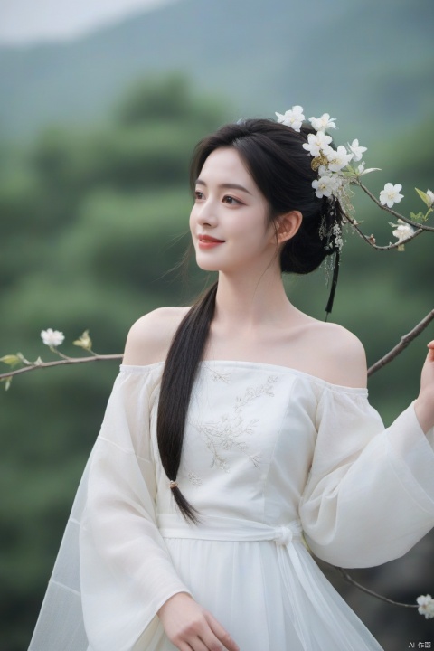  best quality, masterpiece,cowboy_shot,(Good structure),,a girl,xianjing,Off-the-shoulder, bust photo,upper body,Hanfu, Cloud, Smoke,branch,flower, smile,Gaze at the audience, Ink scattering_Chinese style, ((poakl)), ,looking_at_viewer,kind smile, , chinese dress,white dress, liuyifei,long_hair, Anne Hathaway