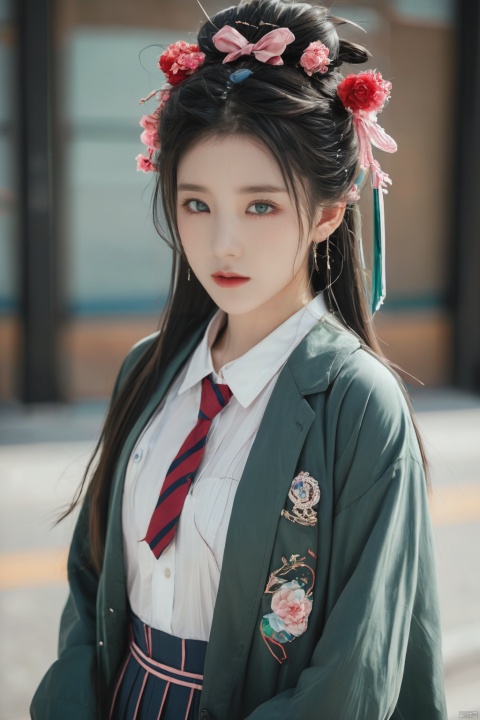  Long hair, light blue hair, pink streaks of hair, space bun hairstyle, flower hairpin, blue eyes, long-sleeve, button-up white shirt, a gray jacket with blue-green stripes, a red bow, dark blue-green pleated skirt, school background, add_detail:1, add_detail:0, add_detail:0.5