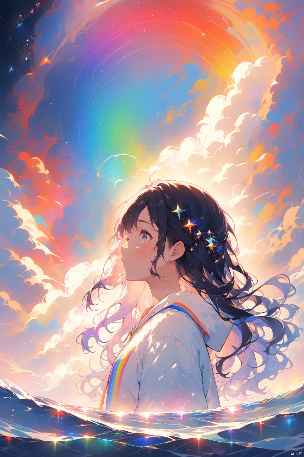 1 girl, lovely, long hair, closeup, portrait, upper body, face from left side, on the sea, under the starry sky, the sea reflects the starry sky, rainbow color light reflected on the girl's face, sparkling lights, magical atmosphere, pointillism, Silhouette view, Cosmic wonders, Mysterious and colorful, nebula light, cosmic light, galactic light, Astronomical view, Macroscopic perspective, perspective view, masterpiece,