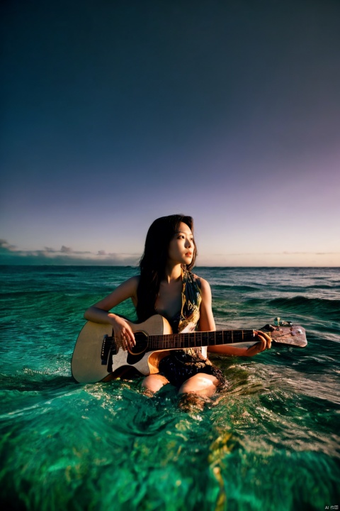  Masterpiece, (best quality, super detailed, crazy detailed: 1.2) , -SuperuHighhResolutiontion, sharp focus, perfect anatomy, cell animation, fantastic lighting) , super detailed, girPVC(pvc skirt) , wave background, splash, carrying electric guitar, playing guitar, multi-colored sea, ocean, solo, floating hair, sunset, beautiful light and shadow, Asian girl, ((poakl))