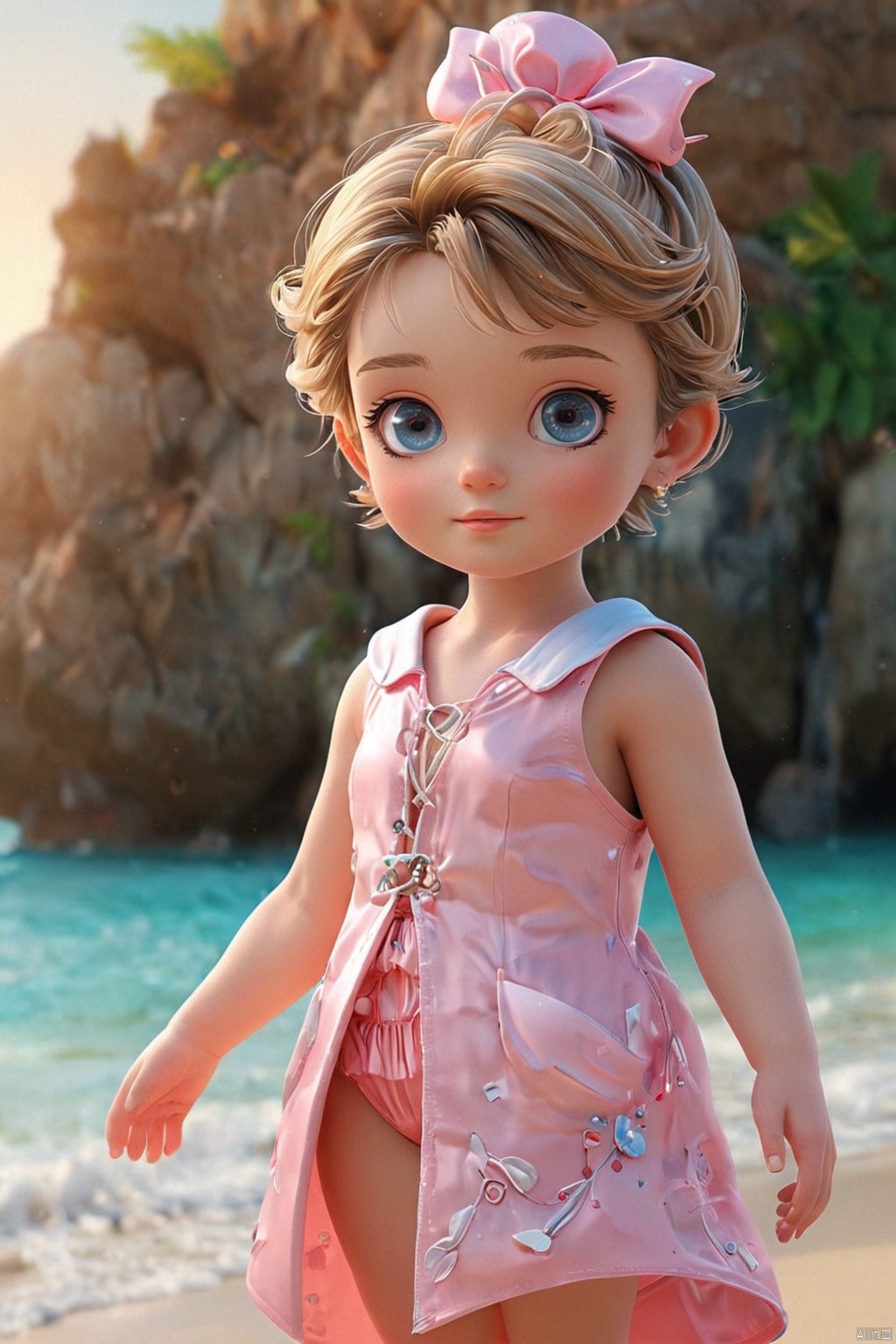  Cute little girl, pink pommel dress, soft and elastic, blue tail, dream beach,
1 gril,full body,
render,technology, (best quality) (masterpiece), (highly detailed), 4K,Official art, unit 8 k wallpaper, ultra detailed, masterpiece, best quality, extremely detailed,atmospheric,highdetail,exquisitefacialfeatures,futuristic,sciencefiction,CG, 3DIP