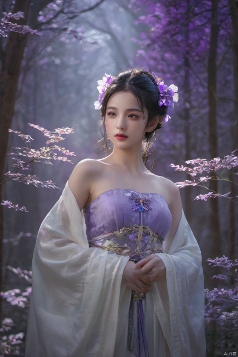  HDR photo of 1girl,chinese hanfu,bare_shoulders,breasts,bioluminescent purple flower,fabulous night forest,magical radiance,Concept art,depth of field,Raw photo,realistic,cinematic lighting,soft shadows,sharp focus,fractal,colorful,depth of field,best quality,16k resolution,vivid colors,volumetric lighting, . High dynamic range, vivid, rich details, clear shadows and highlights, realistic, intense, enhanced contrast, highly detailed
