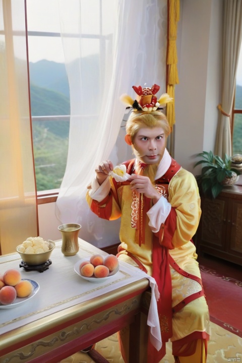  swukong ,(masterpiece, top quality, best quality, official art, beautiful and aesthetic:1.2),((look down)),da sheng clothing,eat icecream and peaches,indoors,curtain,table,Hands covered in hair