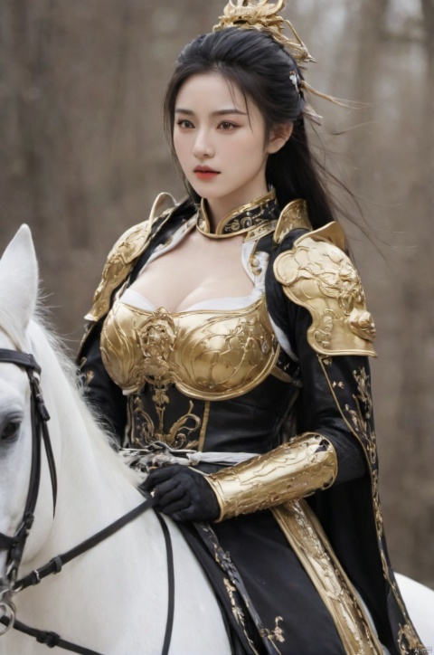  (dark magic),(sexy),Golden armor,(intricate details),(hyperdetailed),8k hdr,high detailed,lot of details,high quality,soft cinematic light,dramatic atmosphere,atmospheric perspective,1girl, huge filesize ,(huge breasts:3),(masterpiece, top quality, best quality, official art, beauty and aesthetics:1.2),(1 extreme),,rich colors,highest detail,perfect facial features,true skin texture,perfect detail,half-body,full-body,close-up,aesthetic,a Chinese girl,riding on a white horse wearing black armor,wearing boots,very cool,real skin texture,real photo,photography,perfect facial features,perfect eye details, samurai