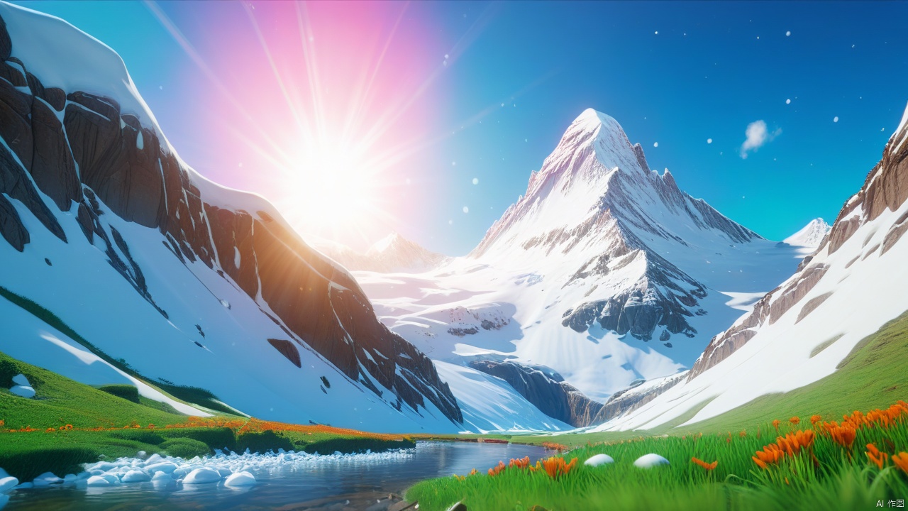  Cartoon style,4K,magic, snow-capped mountains, whole clean sky, colorful clouds, snow-covered grass,snow,river,