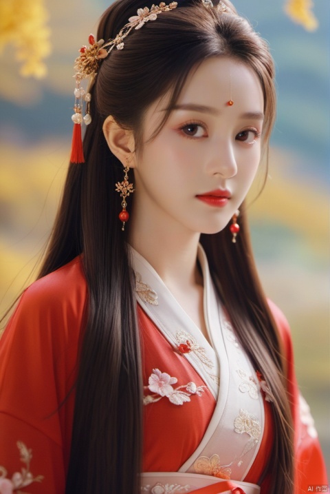  (masterpiece, top quality, best quality, official art, beautiful and aesthetic:1.2),gf-hd, 1girl, solo, hair ornament, very long hair,jewelry, dress, red dress, earrings, chinese clothes, brown hair, ribbon, hanfu, red ribbon, shawl