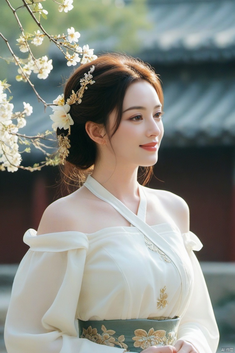  best quality, masterpiece,cowboy_shot,(Good structure),,a girl,xianjing,Off-the-shoulder, bust photo,upper body,Hanfu, Cloud, Smoke,branch,flower, smile,Gaze at the audience, Ink scattering_Chinese style, ((poakl)), ,looking_at_viewer,kind smile, , chinese dress,white dress, ,Christina Hendricks,Monica Bellucci,Anne Hathaway