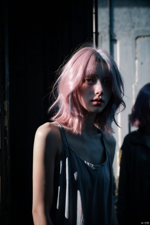depressed, portrait of 1girl by Bill Henson, depressed, ruins, shadows, dramatic lighting, sunset, contemporary, dark, expressionism, dystopia, industrial,Half bodysliver gradient Short hair,(sliver hair:1.1),(light blue hair:1.1),(pink hair:1.2)