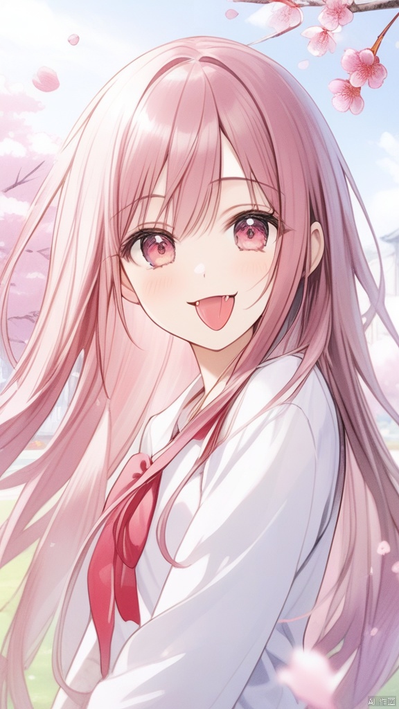 park,sky,day,skirt,bow,long hair, straight hair,smile,tongue out,fang,1girl,upper body,cherry blossoms