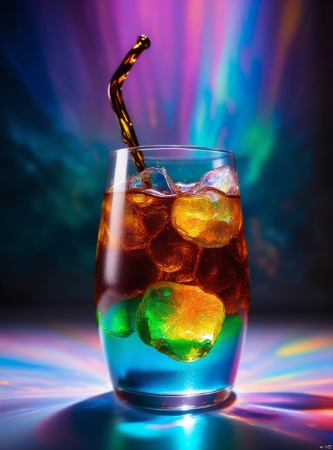  Dynamic view of a holographic magical cola,colorful glasses,painting looks to be life like,magical multicolored ink,high quality,imagination,8k,fantasy art,vivid magical colors,