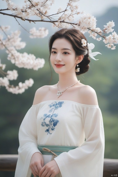  best quality, masterpiece,cowboy_shot,(Good structure),,a girl,xianjing,Off-the-shoulder, bust photo,upper body,Hanfu, Cloud, Smoke,branch,flower, smile,Gaze at the audience, Ink scattering_Chinese style, ((poakl)), ,looking_at_viewer,kind smile, , chinese dress,white dress, liuyifei,long_hair, Anne Hathaway