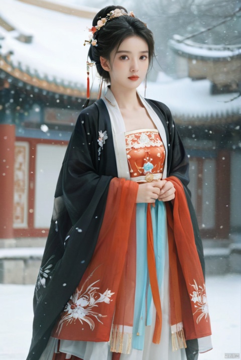  arien_hanfu,1girl,(Masterpiece:1.2), best quality, arien_hanfu,1girl, (falling_snow:1.3), looking_at_viewer,(big breasts:1.88), (plump breasts:1.7),(Tube top Hanfu:1.2),hand101,full body, 1girl
In this masterpiece artwork of the highest quality (Masterpiece version 1.2), an Arien woman dressed in a modernized hanfu style featuring a tube top design (Tube top Hanfu: 1.2) is depicted (arien_hanfu, 1girl). Against a backdrop of falling snowflakes (falling_snow: 1.3), she gazes directly at the viewer (looking_at_viewer), creating a distinct and profound sense of engagement.

The female figure in the painting possesses generously proportioned attributes, characterized by larger-than-average breasts (big breasts: 1.88) and plumpness (plump breasts: 1.7), which harmoniously complement her form-fitting upper garment in traditional Chinese attire.

The composition presents a full-body portrait (full body), with intricate attention given to the detail of the woman's hands identified as hand101, adding a layer of lifelike authenticity and artistic expression to the scene.

Overall, this work skillfully captures and portrays a voluptuous woman in a contemporary-styled hanfu within a snowy setting, successfully merging classical elements with modern fashion sensibilities, and offering high artistic appreciation value., yaya