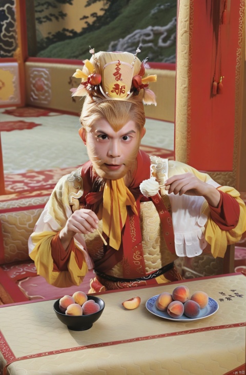  swukong ,(masterpiece, top quality, best quality, official art, beautiful and aesthetic:1.2),((look down)),da sheng clothing,eat icecream and peaches,indoors,curtain,table,Hands covered in hair