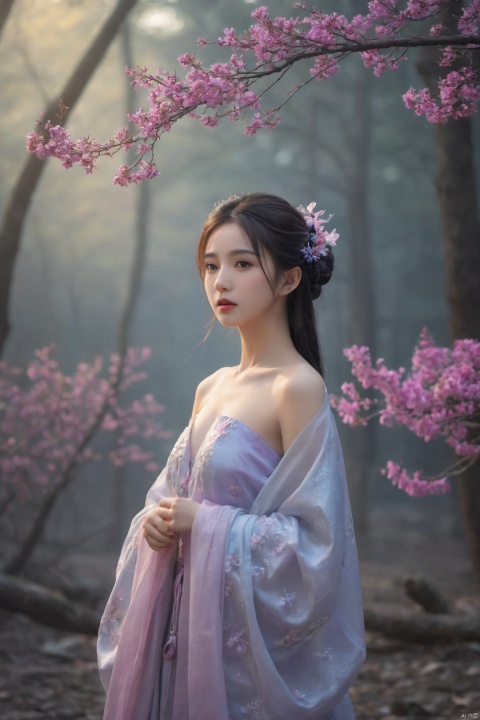  HDR photo of 1girl,chinese hanfu,bare_shoulders,breasts,bioluminescent purple flower,fabulous night forest,magical radiance,Concept art,depth of field,Raw photo,realistic,cinematic lighting,soft shadows,sharp focus,fractal,colorful,depth of field,best quality,16k resolution,vivid colors,volumetric lighting, . High dynamic range, vivid, rich details, clear shadows and highlights, realistic, intense, enhanced contrast, highly detailed