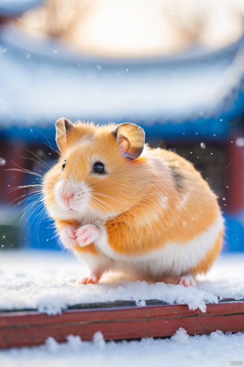  orange Hamster, walking,snow,(snowing:1.2),traditional Chinese architecture,bokeh background,sunlight,winter,focused,outdoor,(close-up:1.3),portrait painting,cold weather,movement, portrait,vibrant color,clarity,shallow depth of field,falling snowflakes,daytime, fluent, sky,blue sky and white clouds,War