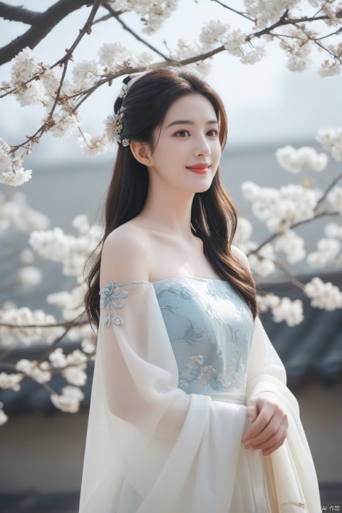  best quality, masterpiece,cowboy_shot,(Good structure),,a girl,xianjing,Off-the-shoulder, bust photo,upper body,Hanfu, Cloud, Smoke,branch,flower, smile,Gaze at the audience, Ink scattering_Chinese style, ((poakl)), ,looking_at_viewer,kind smile, , chinese dress,white dress, liuyifei,long_hair, Anne Hathaway