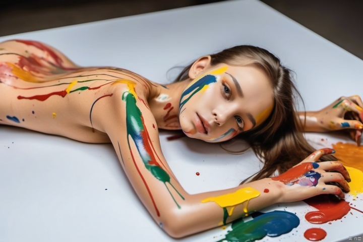  A girl .nude,(Colorful paints are painted all over the body) and Lie Lying on the table,





