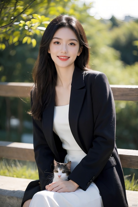  The image features a beautiful young Asian woman with long, dark hair sitting on a balcony with a cat in the background. The woman is looking into the camera with a smile on her face, her eyes sparkling with joy and contentment. Her hair is neatly styled and her makeup is natural yet enhance her features. She wears a black coat that complements her skin tone. The lighting in the image is natural and warm, casting a soft glow on the woman and the surrounding environment. The colors in the image are vibrant and rich, with the blue sky and green trees in the background providing a beautiful contrast to the woman and the cat. The style of the image is casual yet elegant, with the woman's outfit and the setting creating a relaxed and comfortable atmosphere. The quality of the image is excellent, with sharp details and smooth transitions between colors and tones. The woman's action in the image is sitting and smiling, with her hands resting on the railing. Her posture and facial expression convey a sense of happiness and contentment, as if she is enjoying a peaceful and pleasant moment. The woman's expression and the overall atmosphere of the image suggest a sense of relaxation and enjoyment. She seems to be in a good mood, perhaps enjoying a leisurely day or spending time with her cat. The image captures a moment of tranquility and happiness, making it a beautiful and memorable scene.,Film Photography