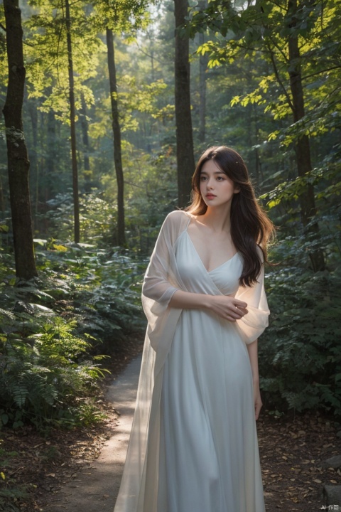  Best quality, masterpiece, ultra high resolution, photorealistic render, raw photography style, Unreal Engine 8K art, panoramic view, cinematic dynamic lighting, set in a lush forest during twilight, with dappled moonlight filtering through the leaves, showcasing silver-blue hour ambiance, dramatic side-lighting and subtle backlight glow, incorporating a gentle lens bokeh effect, capturing a sense of movement via blowing leaves and branches suggesting wind, adopting a pastel color palette with cool undertones, embracing soft diffused light, featuring 1 young man, mid-length tousled hair flowing in the breeze, intense gaze, , standing against the ethereal forest backdrop,((poakl))