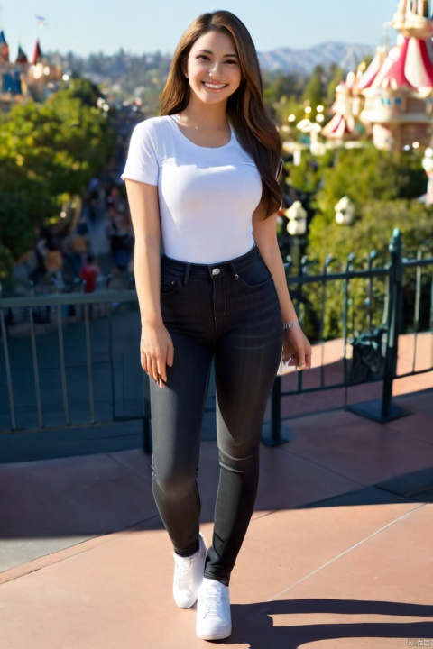  1girl, smiling,Realistic movie lighting,(skin tight)),ultradetailed,8K,detailed face,photorealistic,1girl,long hair,solo,fullbody,look at the viewer,  black jeans,street,daytime,good weather,Disneyland Park in the background, ,yaya