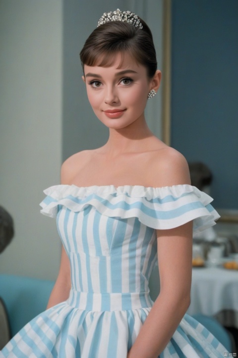  (masterpiece, best quality, hyper realistic, raw photo, ultra detailed, extremely detailed, intricately detailed), (photorealistic:1.4), (photography of Audrey Hepburn wearing a fashionable Striped off-the-shoulder ruffle hem dress, designed by Hubert de Givenchy, ), (smile), fairy, pure, innocent, beauty, (slender), super model, adr, Breakfast at Tiffany's, Sabrina,(glide_fashion),depthoffield,(fullshot),filmgrain,zeisslens,symmetrical,8kresolution,octanerender(OC渲染),extremelyhigh-resolutiondetails,finetexture,dynamicangle,fashion(时尚), fashion,,