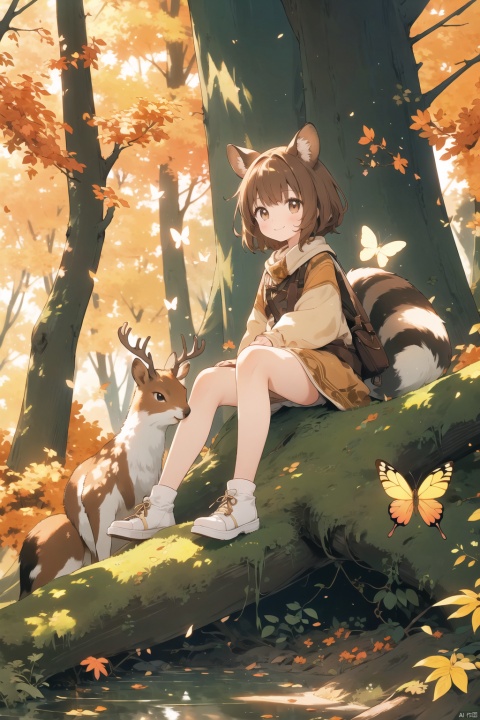 1girl, apricot brown hair, medium hair, brown eyes, smile, sitting on fallen tree, autumn forest, dappled sunlight, deer, squirrel, bird, butterfly style