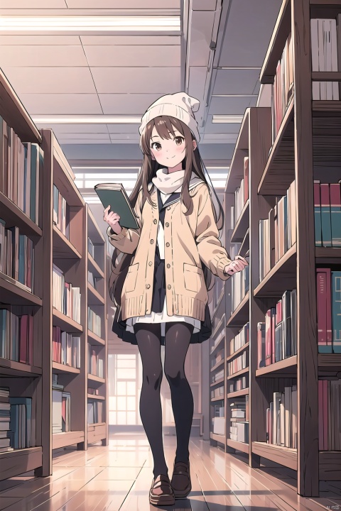  (1girl,loli,evil smile,blush),thin,very long hair,brown hair,light brown eyes,(detailed eyes),small breasts,(coffee_knitted cardigan jacket),black high neck bottom shirt,white _sailor suit,skirt,((Black stockings)),head_dress,scarf,beanie,closed mouth,(serious),standing,((holding a book)),winter,(library),snow,,indoor, masterpiece, best quality, official art, extremely detailed CG unity 8k wallpaper, cozy anime, backlight, (wide shot:0.95), Dynamic angle, fanxing, (full body), cozy anime,