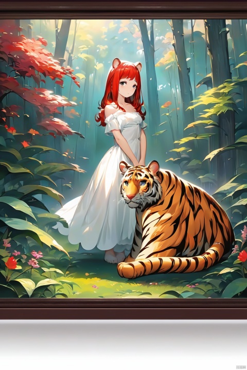  oil painting style, best quality, detailed face, full figure, a half-hybrid girl with a tiger, she has ears like a tiger and a tail like a tiger , the rest of her body is human, she has beautiful red hair, a beautiful symmetrical face with an innocent cut, she is in the forest, she has beautiful black eyes, wearing a floral print white saree dress, she is with other animals symmetrical, vibrant, style artwork, highly detailed CG, 8k wallpaper, beautiful face, full scene, full body shape