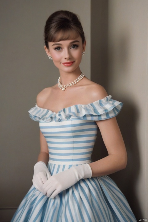  (masterpiece, best quality, hyper realistic, raw photo, ultra detailed, extremely detailed, intricately detailed), (photorealistic:1.4), (photography of Audrey Hepburn wearing a fashionable Striped off-the-shoulder ruffle hem dress, designed by Hubert de Givenchy, ), (smile), fairy, pure, innocent, beauty, (slender), super model, adr, Breakfast at Tiffany's, Sabrina, (glide_fashion),depthoffield,(fullshot),filmgrain,zeisslens,symmetrical,8kresolution,octanerender(OC渲染),extremelyhigh-resolutiondetails,finetexture,dynamicangle,fashion(时尚), fashion,,