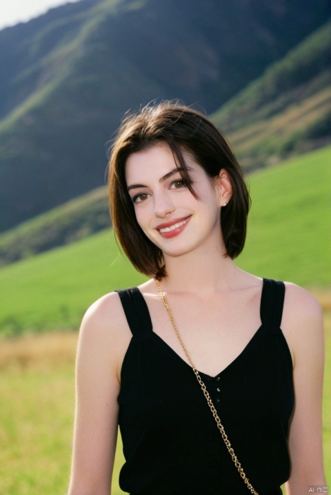  beautiful girl standing with beautiful vally in background, age 20, black short hair, waist shot, dynamic pose, smiling, dressed in fashion outfit, beautiful eyes, sweet makeup, 35mm lens, beautiful lighting, photorealistic, soft focus, kodak portra 800, 8k,Anne Hathaway