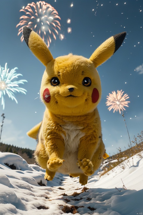  no humans,（Pikachu）, Flower, Outdoor, Flower field,low angle, , Detail,Realistic images, realistic graphics, snow, fireworks,8k,dynamic pose,jumping,sky surfing,night sky,evening,
Exaggerated surprise,
