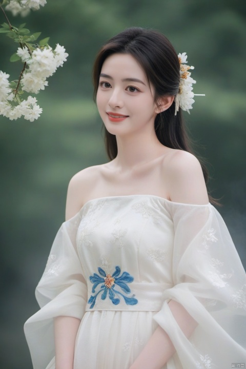  best quality, masterpiece,cowboy_shot,(Good structure),,a girl,xianjing,Off-the-shoulder, bust photo,upper body,Hanfu, Cloud, Smoke,branch,flower, smile,Gaze at the audience, Ink scattering_Chinese style, ((poakl)), ,looking_at_viewer,kind smile, , chinese dress,white dress, liuyifei,long_hair, Anne Hathaway