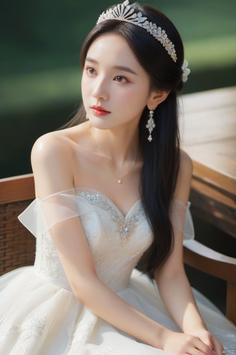 风格;masterpiece,bestquality,8k,4k,Filmtexture,
人物;1girl,solo,blackhair,long_hair,brown_eyes,lips,collarbone,breasts,bareshoulders,
服饰;dress, jewelry,earrings,whitedress,strapless,tiara,straplessdress,weddingdress,
动作;sitting,
场景; dusky,indoors, chair,,