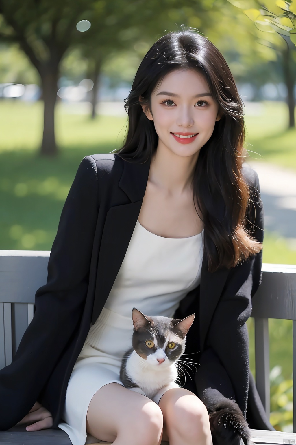  The image features a beautiful young Asian woman with long, dark hair sitting on a balcony with a cat in the background. The woman is looking into the camera with a smile on her face, her eyes sparkling with joy and contentment. Her hair is neatly styled and her makeup is natural yet enhance her features. She wears a black coat that complements her skin tone. The lighting in the image is natural and warm, casting a soft glow on the woman and the surrounding environment. The colors in the image are vibrant and rich, with the blue sky and green trees in the background providing a beautiful contrast to the woman and the cat. The style of the image is casual yet elegant, with the woman's outfit and the setting creating a relaxed and comfortable atmosphere. The quality of the image is excellent, with sharp details and smooth transitions between colors and tones. The woman's action in the image is sitting and smiling, with her hands resting on the railing. Her posture and facial expression convey a sense of happiness and contentment, as if she is enjoying a peaceful and pleasant moment. The woman's expression and the overall atmosphere of the image suggest a sense of relaxation and enjoyment. She seems to be in a good mood, perhaps enjoying a leisurely day or spending time with her cat. The image captures a moment of tranquility and happiness, making it a beautiful and memorable scene.,Film Photography