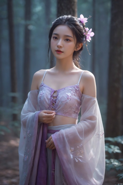  HDR photo of 1girl,chinese hanfu,bare_shoulders,breasts,bioluminescent purple flower,fabulous night forest,magical radiance,Concept art,depth of field,Raw photo,realistic,cinematic lighting,soft shadows,sharp focus,fractal,colorful,depth of field,best quality,16k resolution,vivid colors,volumetric lighting, . High dynamic range, vivid, rich details, clear shadows and highlights, realistic, intense, enhanced contrast, highly detailed