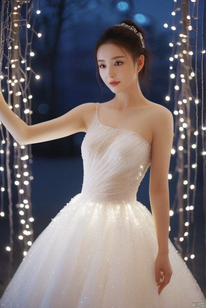  model girl's gown made from hundreds of lights, in the style of daz3d, uhd image, feminine portraiture, luminous and dreamlike scenes, low speed film, life-like avian illustrations, light white,Chinese beauty