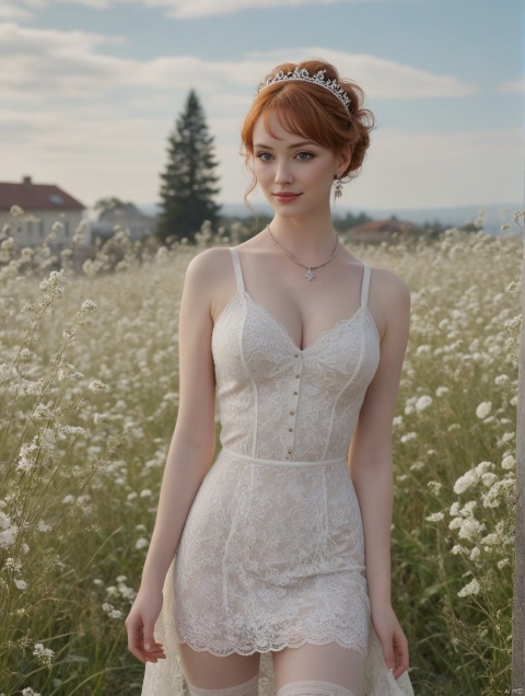  (((full body))), Realistic, masterpiece, highest quality, high resolution, extreme details, 1 girl, solo, bun, headdress, delicate eyes, beautiful face, shallow smile, delicate necklace, suspender dress, white lace dress, light gauze, snow-white skin, delicate skin texture, silver bracelet, pantyhose, high heels, elegant standing, outdoor, blue sky, white clouds, flowers, flowers, grass, movie light, light, light tracking, (Nikon AF-S 105mm f / 1.4E ED), MAJICMIX STYLE,Christina Hendricks
