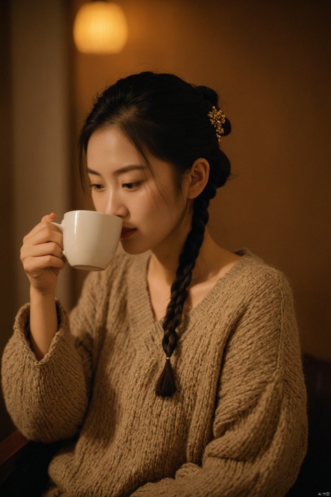  This photo shows a chinese woman wearing a warm and textured sweater,holding a steaming cup in her hand. She sat in the dimly lit room,with soft golden lights illuminating her side. The lady is braiding her hair,seemingly fully focused on this moment,perhaps savoring the aroma of the drink. The background has a rural feel,with a plant in the vase and textured walls.,,,