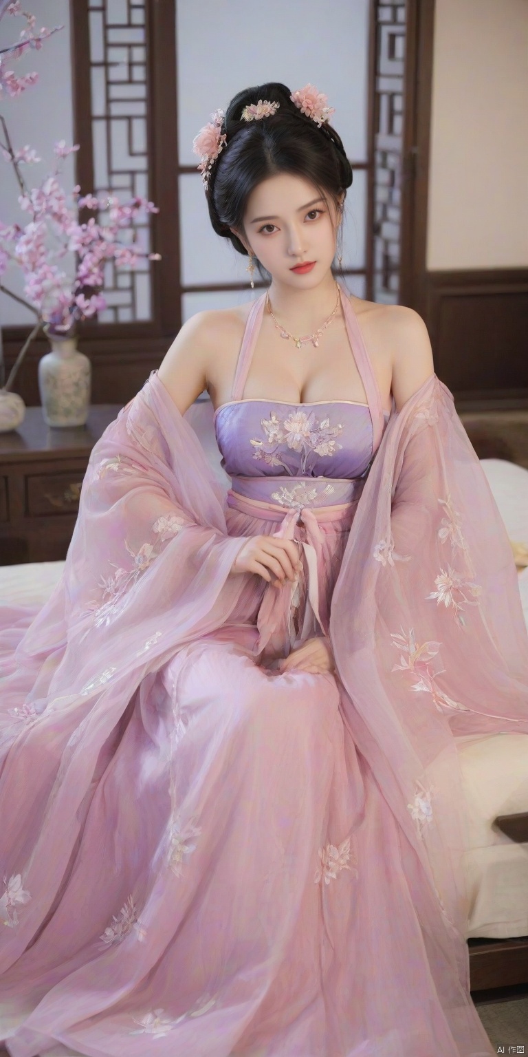  1girl, solo, long hair, black hair,Hairpins,necklace, hair ornament, dress, full body, flower, earrings, indoors, hair bun, (purple-pink dress),(Tube top Hanfu long skirt:1.1), pillow, bed, night, chinese clothes, table, branch,daxiushan, ,daxiushan style,(huge breasts:1.79), (full breasts:1.59), realistic,hanfu, daxiushan,Shoulders are exposed, , daxiushan, arien_hanfu, FilmGirl