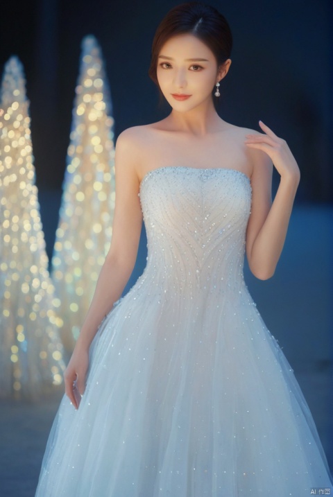  model girl's gown made from hundreds of lights, in the style of daz3d, uhd image, feminine portraiture, luminous and dreamlike scenes, low speed film, life-like avian illustrations, light white,Chinese beauty