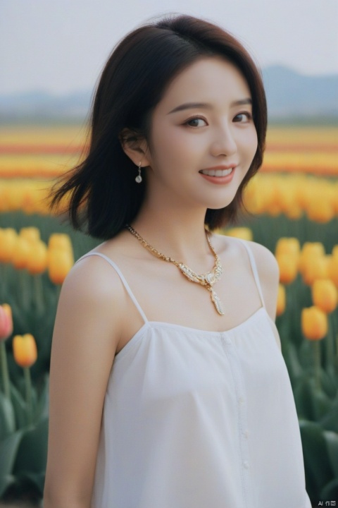  30 year old female, A maturity and intelligence chubby girl, Chinese girl,

(plump body:1.2), (huge:1.2), big eyes, long eyelashes, a beautiful necklace around her neck, golden eyes, , a happy smile with open eyes, (revealing lovely teeth:0.6), 

Photo taken on film, Porta 160 color film, shot on ARRI ALEXA 65 camera, sharp focus on the subject, full body visibility, rich details, realistic realism, rich background details, fog effect,

Blue sky and white clouds, tulip flower background, black long hair beauty, lovely mature, toot lips, 
Purple shirt, Collarbone, belly, white skirt, hat, 
special necklace, oval face, delicate features.

(((look _at _the_camera, Full body view))),

 MAJICMIX STYLE, 1girl, FilmGirl