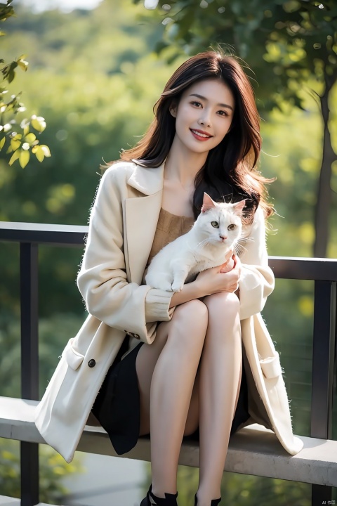  The image features a beautiful young Asian woman with long, dark hair sitting on a balcony with a cat in the background. The woman is looking into the camera with a smile on her face, her eyes sparkling with joy and contentment. Her hair is neatly styled and her makeup is natural yet enhance her features. She wears a black coat that complements her skin tone. The lighting in the image is natural and warm, casting a soft glow on the woman and the surrounding environment. The colors in the image are vibrant and rich, with the blue sky and green trees in the background providing a beautiful contrast to the woman and the cat. The style of the image is casual yet elegant, with the woman's outfit and the setting creating a relaxed and comfortable atmosphere. The quality of the image is excellent, with sharp details and smooth transitions between colors and tones. The woman's action in the image is sitting and smiling, with her hands resting on the railing. Her posture and facial expression convey a sense of happiness and contentment, as if she is enjoying a peaceful and pleasant moment. The woman's expression and the overall atmosphere of the image suggest a sense of relaxation and enjoyment. She seems to be in a good mood, perhaps enjoying a leisurely day or spending time with her cat. The image captures a moment of tranquility and happiness, making it a beautiful and memorable scene.,Film Photography